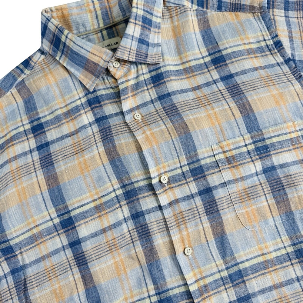 Peter Millar Plaid Short‎ Sleeve Button Up Men Large Blue Orange Linen Shirt